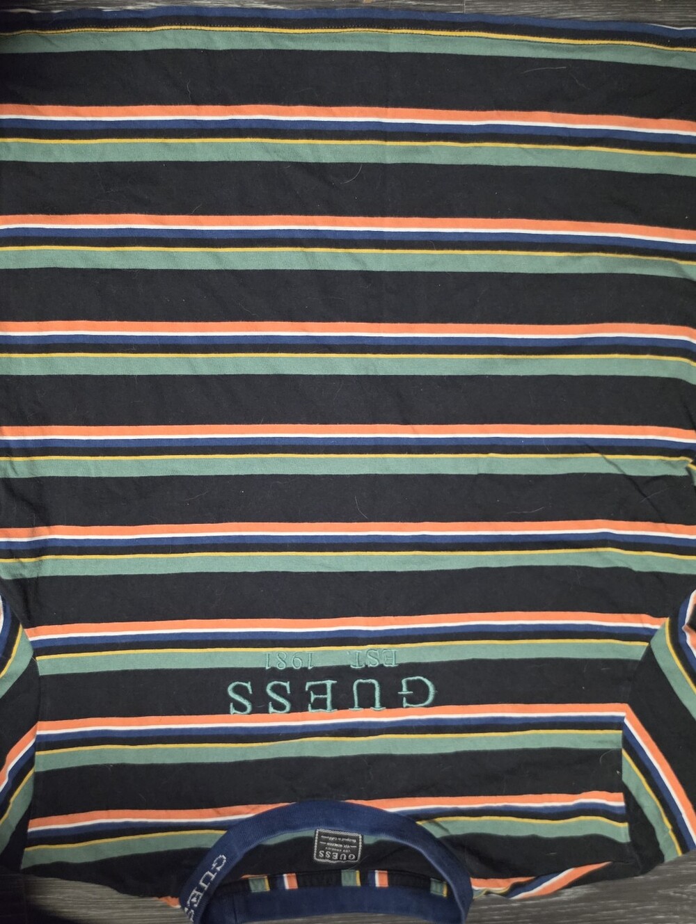 Y2k Vintage Guess Striped Logo Tee in Black with Orange, Green & Blue Stripes